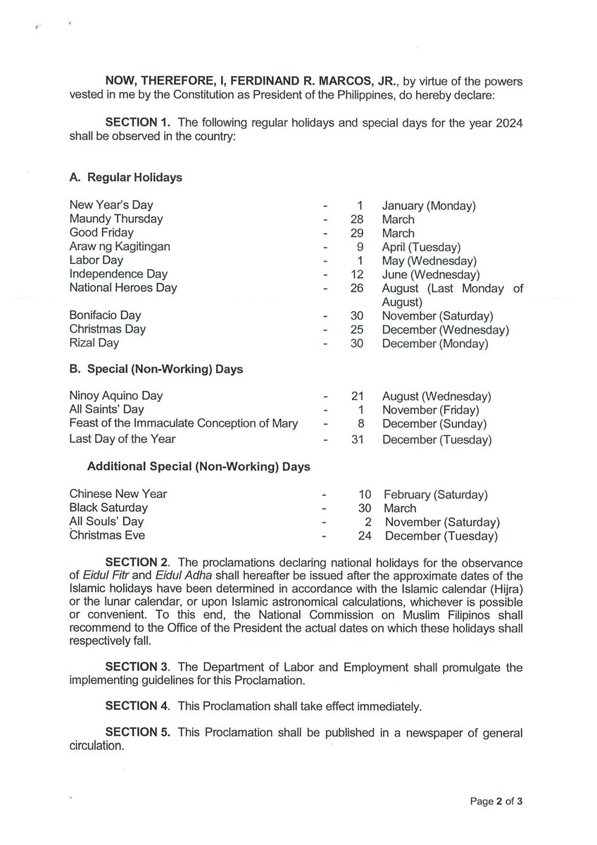 TheLaSallian's tweet photo. BREAKING: Malacañang releases the list of regular holidays and special non-working days for 2024. The EDSA Revolution, usually celebrated on February 25, is noticeably absent from the list. No adjustment has been made amid the “holiday economics” policy of the administration. https://t.co/3C9emzVD3d
