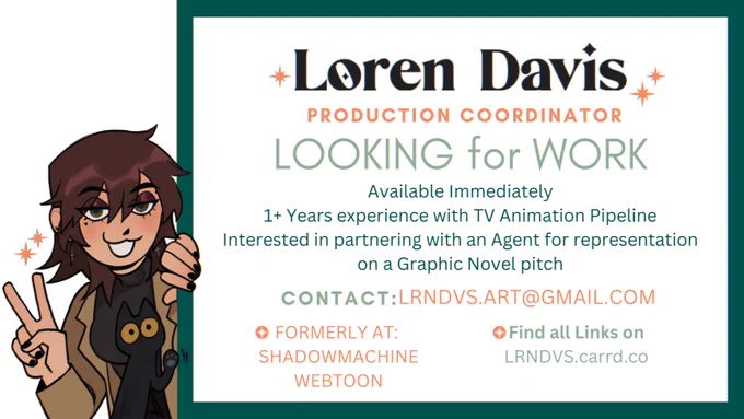 Howdy! I'm currently looking for work! Please keep me in mind for any Production roles or if you are perhaps an agent / editor interested in working with me on comics!  LRNDVS.art.comAll     