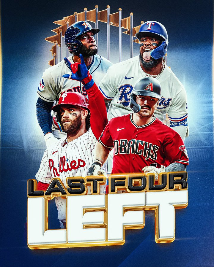 LAST FOUR LEFT! Astros, Rangers, Phillies, D-backs. Pictured: Yordan Alvarez of the Houston Astros, Adolis García of the Texas Rangers, Bryce Harper of the Philadelphia Phillies and Corbin Carroll of the Arizona Diamondbacks. Behind them is the World Series trophy.