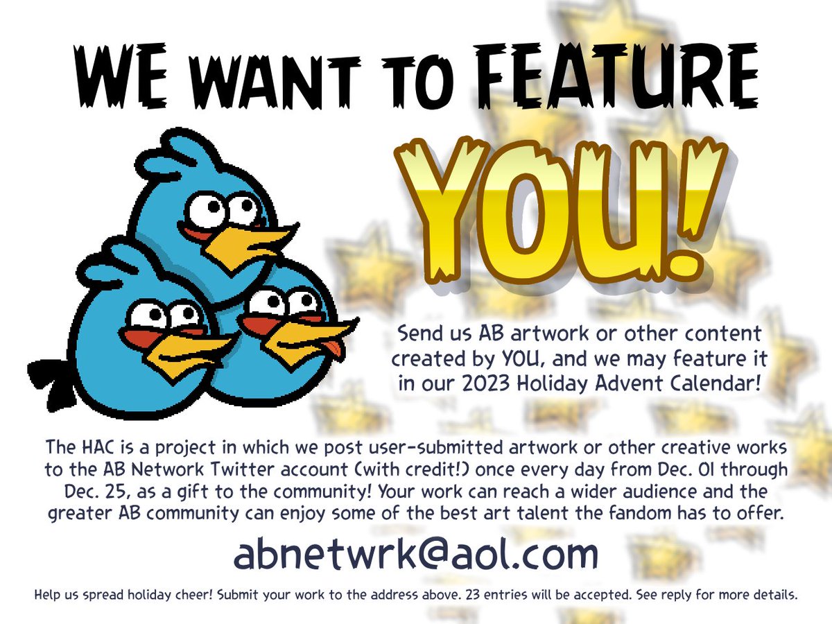 AngryNetwrk's tweet image. ARTISTS!! Our submissions for the 2023 ABN Holiday Advent Calendar are officially open. Help us spread holiday cheer to close out the year!

See the attached image for a basic description of the Advent Calendar + instructions for submitting! More details to follow.