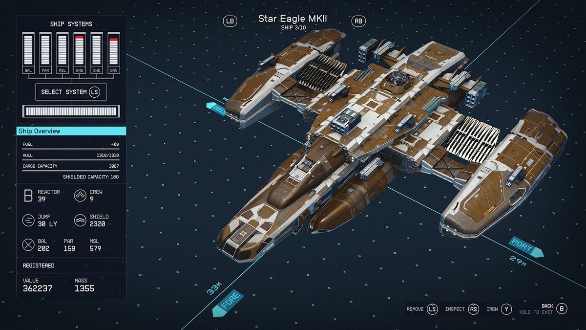 2_SmokinBarrels's tweet photo. Star Eagke MKII
Class C
9 crew
30y range
59 power
100 mobility 
140 top speed
1960 cargo
1450 shields
No Mods
#Starfield #Starships https://t.co/F9NLQDmLGI