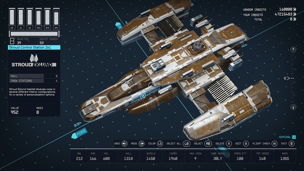 2_SmokinBarrels's tweet photo. Star Eagke MKII
Class C
9 crew
30y range
59 power
100 mobility 
140 top speed
1960 cargo
1450 shields
No Mods
#Starfield #Starships https://t.co/F9NLQDmLGI