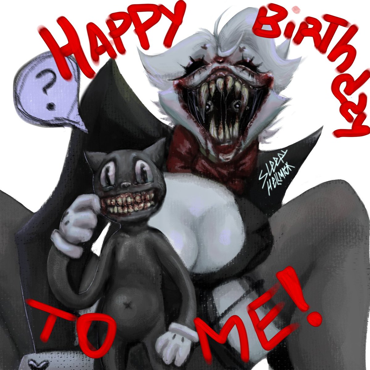 Finally..it's Rose's and admin's Birthday! And well Cartoon Cat is confused.

#cartooncat #trevorhenderson #HorrorArt #rosehellmask #rosehellmaskthecat #yipee