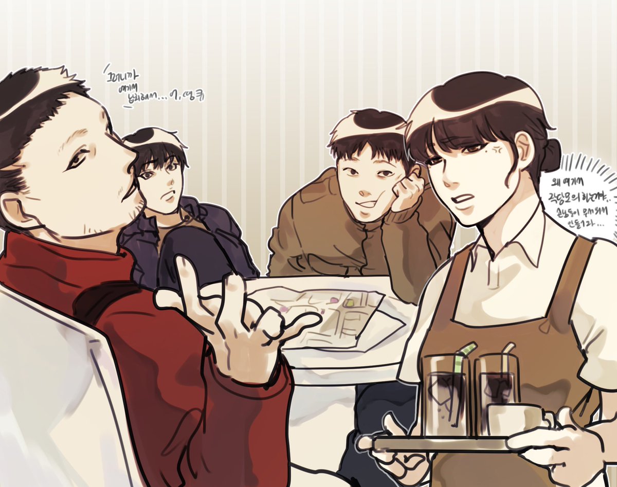 #해상지희 (+장형제, 두익) 뭔가 카페 아르바이트 하는 강지희네 가게에 오는 강해상과 장형제가 보고 싶어서 신청한 그림! 

장기철 : 메뉴 이름이 길다고 욕함.
장순철 : 라이터랑 재떨이 달라고 함.
강해상 : 남자 손님 받지 말라며 명령함.

카페에 죽치고 작당모의하는 바람에 손님들이 다 나감…