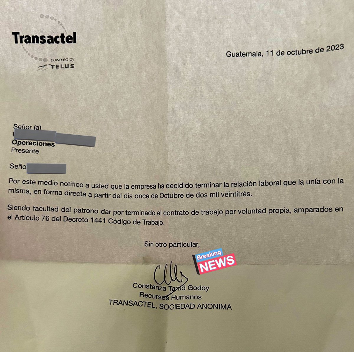 manuelale69's tweet image. Otra carta de despido del call center #Telus