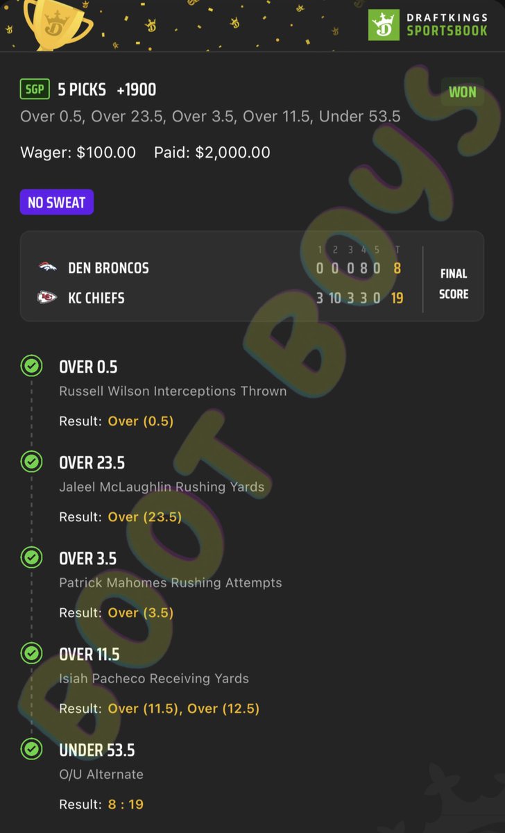 bootboyspicks's tweet image. 🚨🚨 Cash the TNF SGP🚨🚨

✅✅ +1900 SGP   ✅✅

💰💰$100 ➡️➡️➡️ $2000💰💰

Never a doubt, Ending the night in Green✅

#gamblingtwitter #sportsbetting #Chiefs #ChiefsKingdom #broncos  #NFL