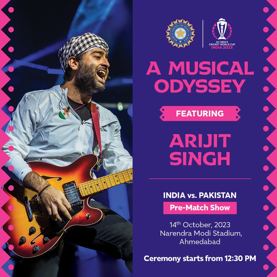 Thecrickinsider's tweet photo. Kickstarting the much-awaited #INDvPAK clash with a special performance
Brace yourselves for a mesmerising musical special ft. Arijit Singh at the largest cricket ground in the world- The Narendra Modi Stadium
Join the pre-match show on 14th October starting at 12:30 PM
#INDvsPAK https://t.co/n9svLSlFH8