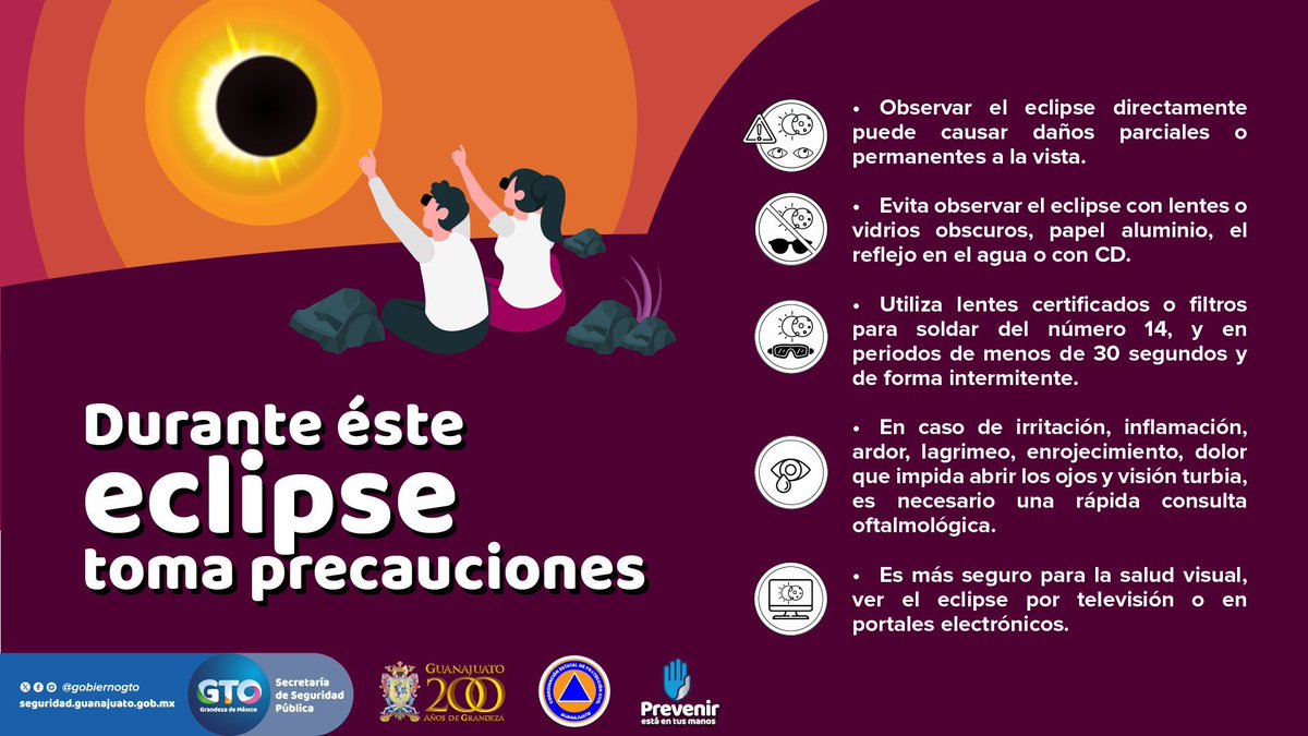 pcguanajuato's tweet photo. 🌞🌚¡El eclipse se acerca! Sigue las recomendaciones que la Coordinación Estatal de #ProtecciónCivilGTO tiene para ti.
¡Disfruta el espectáculo celestial de forma segura!
#PrevenirEstáEnTusManos✋
#EclipseSeguro🌒😎
@gobiernogto @diegosinhue @SeguridadGto @AlvarCdeV https://t.co/i4xfVC2WTh