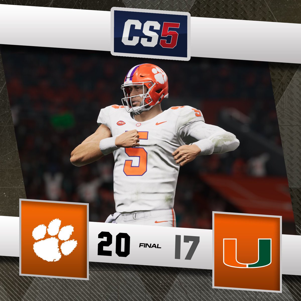 RFL_Sim_League's tweet image. Clemson pulls off a huge upset over Miami 20-17! With this victory, Clemson has now become bowl eligible with a win over their ACC rivals in the RFL College Series! Clemson improves to 6-5 as Miami falls to 9-2.

#RFL #CollegeSeries #CS5 #FinalScore #Clemson #Tigers #Miami