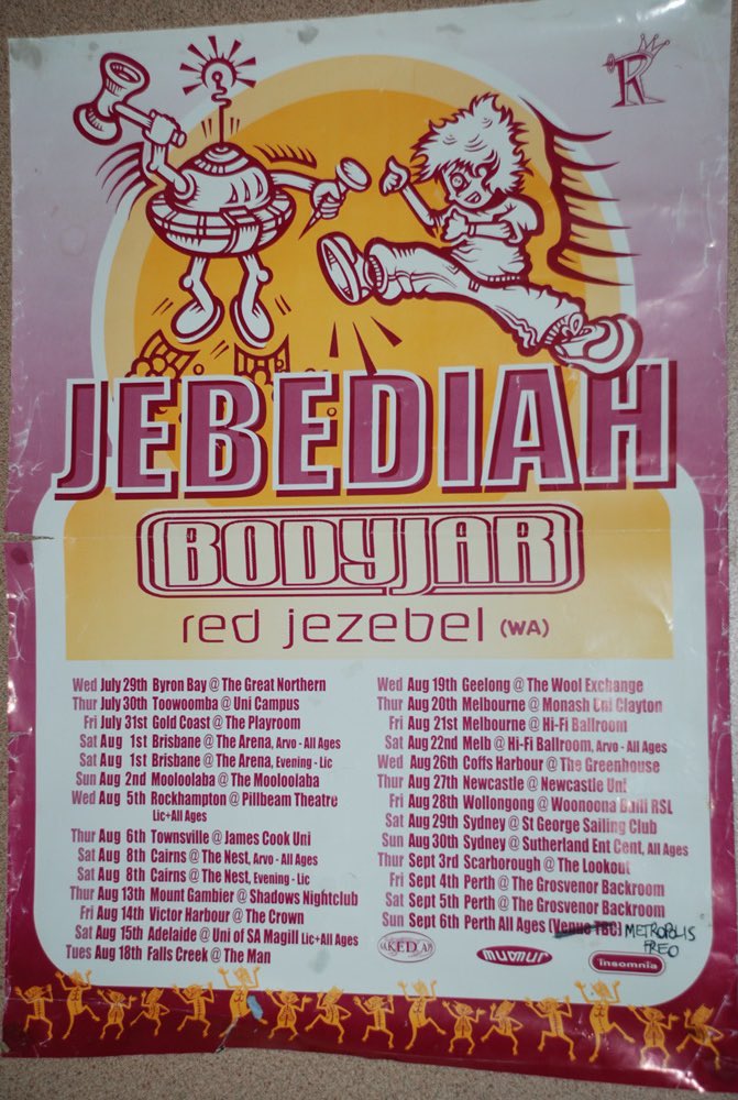 Hey gang!

Who came to a show on this epic and infamous tour from 1998 when Kev got appendicitis in Cairns and had to go to hospital post the afternoon all ages show?

Gum Up The Bearings tour tix/stream/music video: lnk.to/JebediahGUTB

<a href="/Bodyjar/">Bodyjar</a> <a href="/REDJEZEBEL/">Red Jezebel</a>