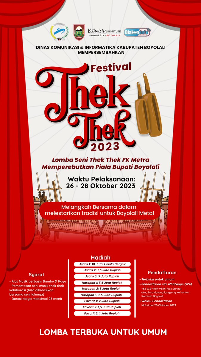 Sobat PPID, pendaftaran Festival Thek-Thek 2023 masih dibuka. Ayo segera daftarkan kelompok seni mu sebelum batas akhir pendaftaran dan raih hadiah total puluhan juta rupiah.