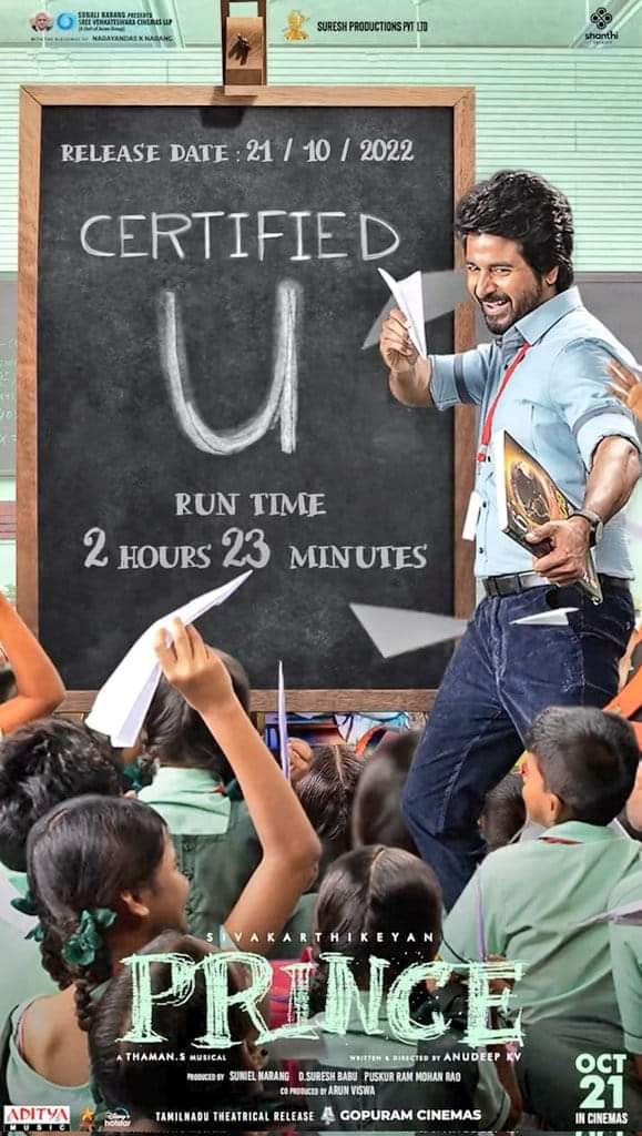 kayaldevaraj's tweet photo. #Throwback 2022 October 13th
#Prince🕊️ Censored Clean "U" with a runtime of 2 hr 23 min. This Diwali, bring along your family for a laugh riot at the theatres. Grand Theatrical Release worldwide on October 21st.
#PrinceOnOct21st #PrinceDiwali💥
#Sivakartikeyan https://t.co/VCbGZNtGm5