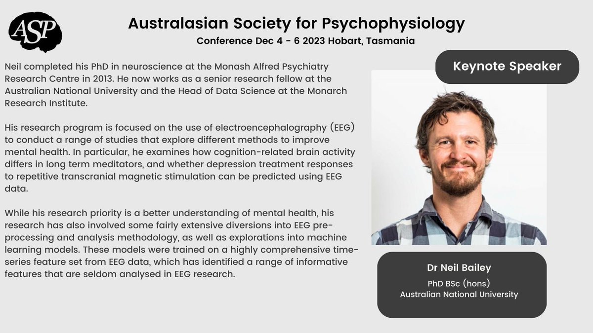 Australasian Society for Psychophysiology (@asocpsy) on Twitter photo We are pleased to announce our amazing Keynote Speakers for #ASP23 <a href="/janealty1/">Prof Jane Alty</a> <a href="/DoktorGen/">A/Prof Genevieve Steiner-Lim</a> and Dr. Neil Bailey !! Check out their research snapshots here before joining us in Hobart in December! 🧠asp.org.au/conference/asp… #psychophysiology #keynote #conference #neuroscience We are pleased to announce our amazing Keynote Speakers for #ASP23 <a href="/janealty1/">Prof Jane Alty</a> <a href="/DoktorGen/">A/Prof Genevieve Steiner-Lim</a> and Dr. Neil Bailey !! Check out their research snapshots here before joining us in Hobart in December! 🧠asp.org.au/conference/asp… #psychophysiology #keynote #conference #neuroscience