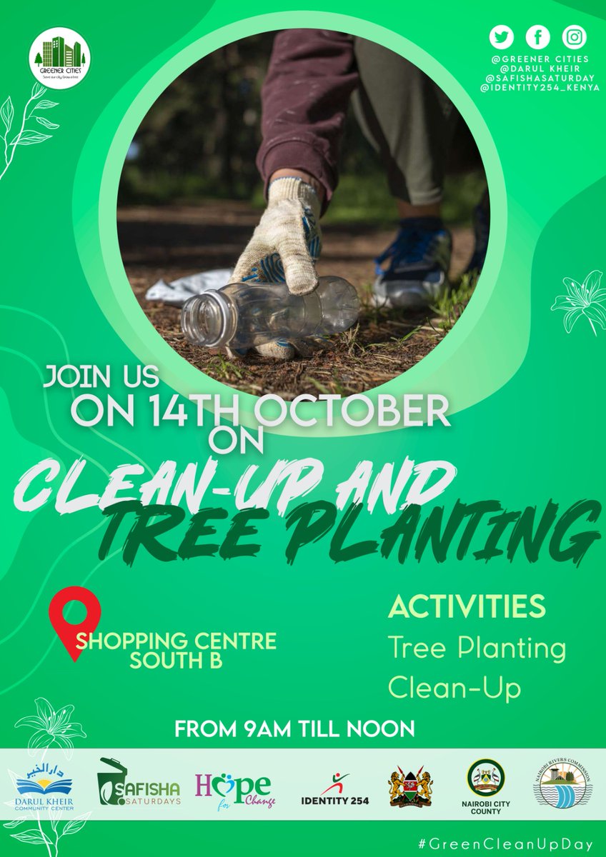 Join us this Saturday for a mega clean up & tree planting exercise from 9:00 am till noon in South B...
#letsmakesouthbcleaner
@The_H4C
@GreenerCities_
@identity254_Ke
@NairobiCityGov