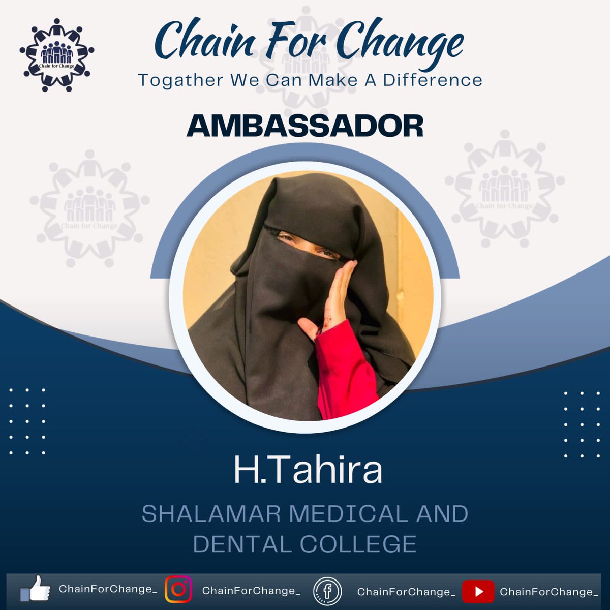 ChainForChange_'s tweet photo. CFC is happy to welcome H. Tahira from Shalimar Medical and Dental College as our new ambassador. We're excited to work together to make a positive impact. We hope in her new role, she will play a vital role in spreading the message of #ChainForChange https://t.co/RvoTSGIjWo