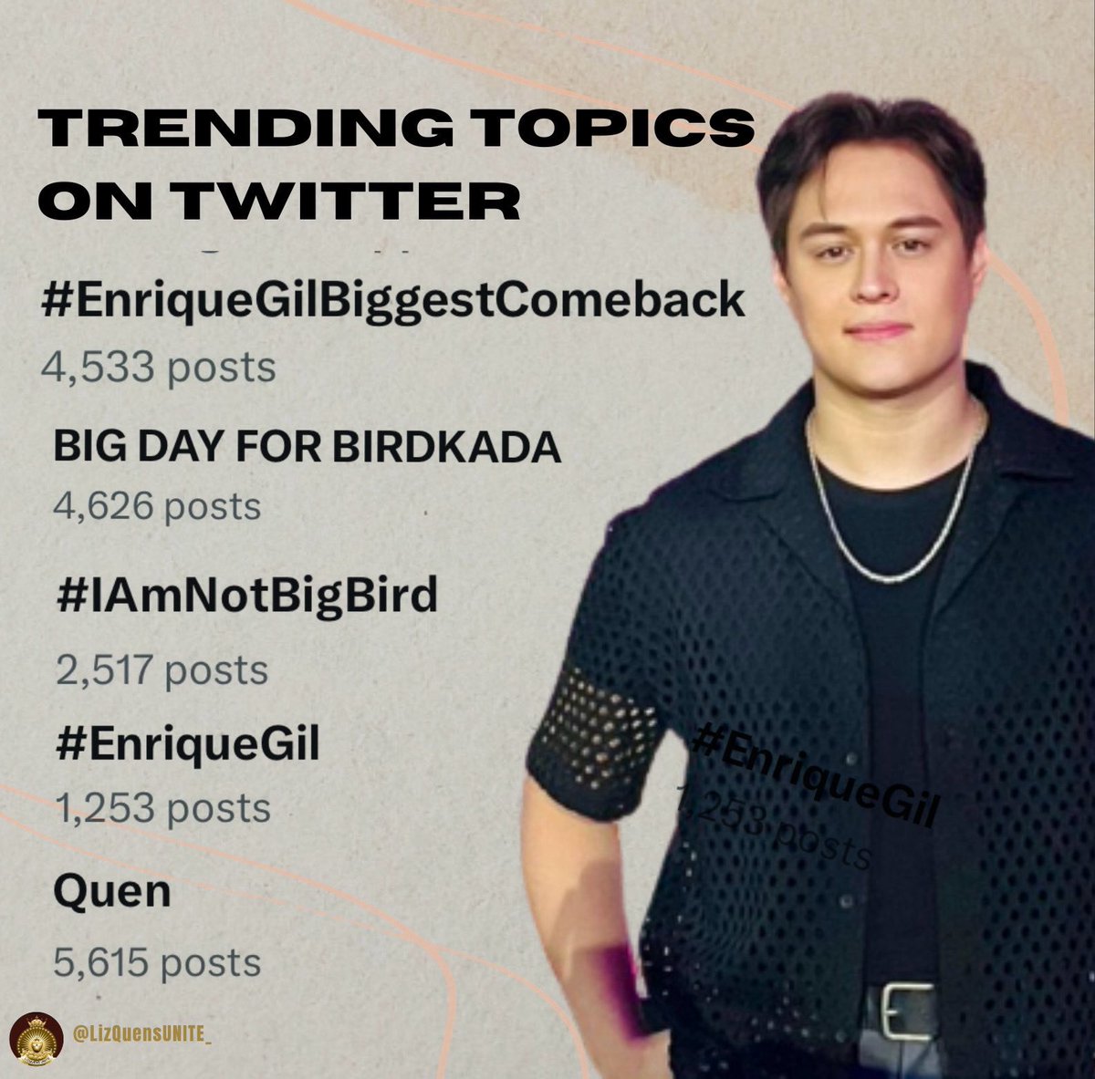 🐦 | WE TRENDED ! 

Appreciation tweet to everyone who joined our twitter party for #BigBirdTeaser especially to the casual fans who took their precious time tweeting with us. 💙

BIG DAY FOR BIRDKADA
#EnriqueGilBiggestComeback 

#EnriqueGil | @itsenriquegil