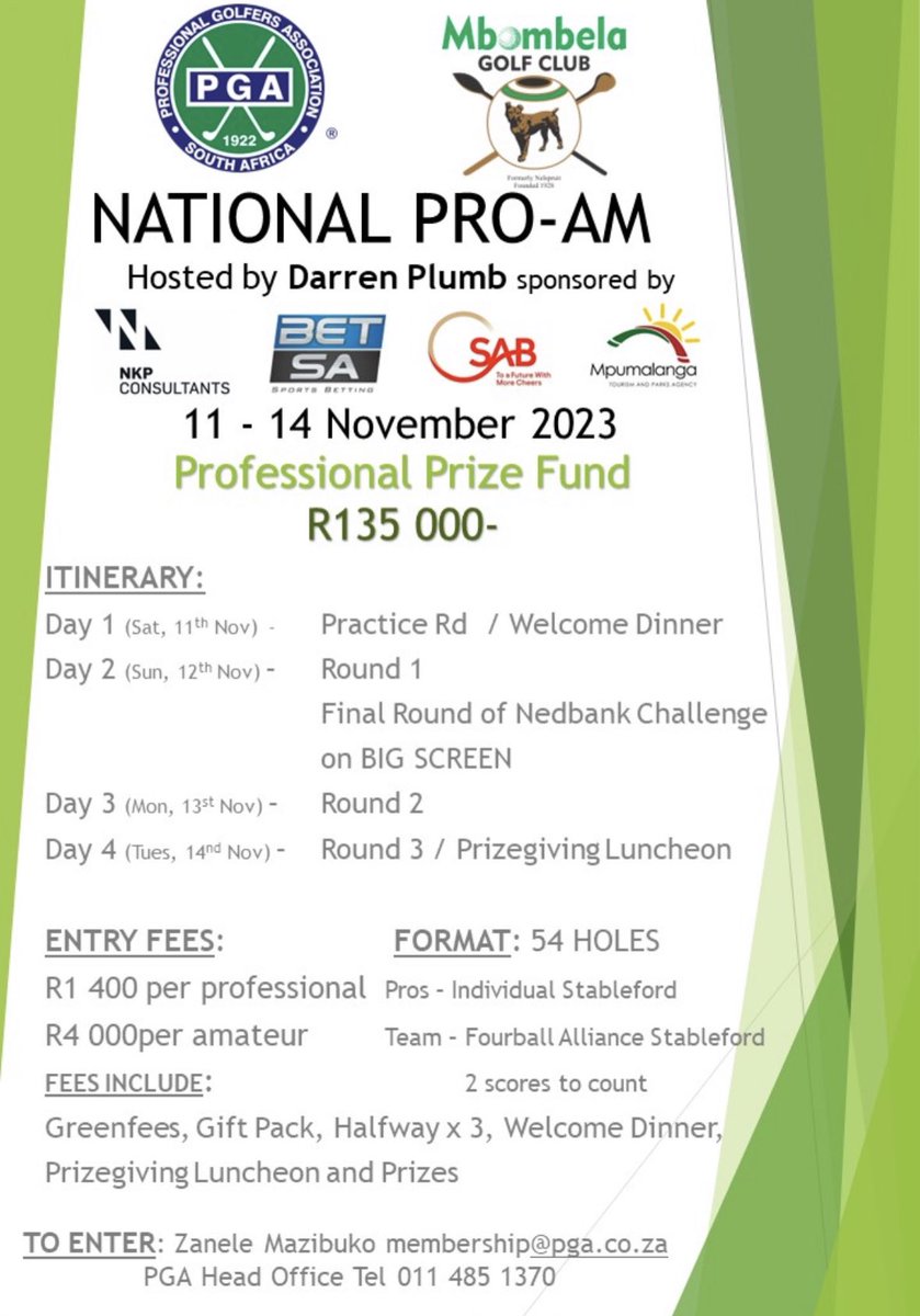 Remember to enter for the 5th <a href="/PGASA/">Professional Golfers Association of South Africa</a> Mbombela Pro-Am sponsored by NKP Consultants, <a href="/betsaonline/">BetSA</a> , <a href="/SABreweries/">The South African Breweries</a> and <a href="/Mtpatourism/">Mpumalanga Tourism</a>. 

This is going to be another epic tournament with amazing giveaways and prizes. 

#UltimateBushveldGolfingExperience #PGAProAm