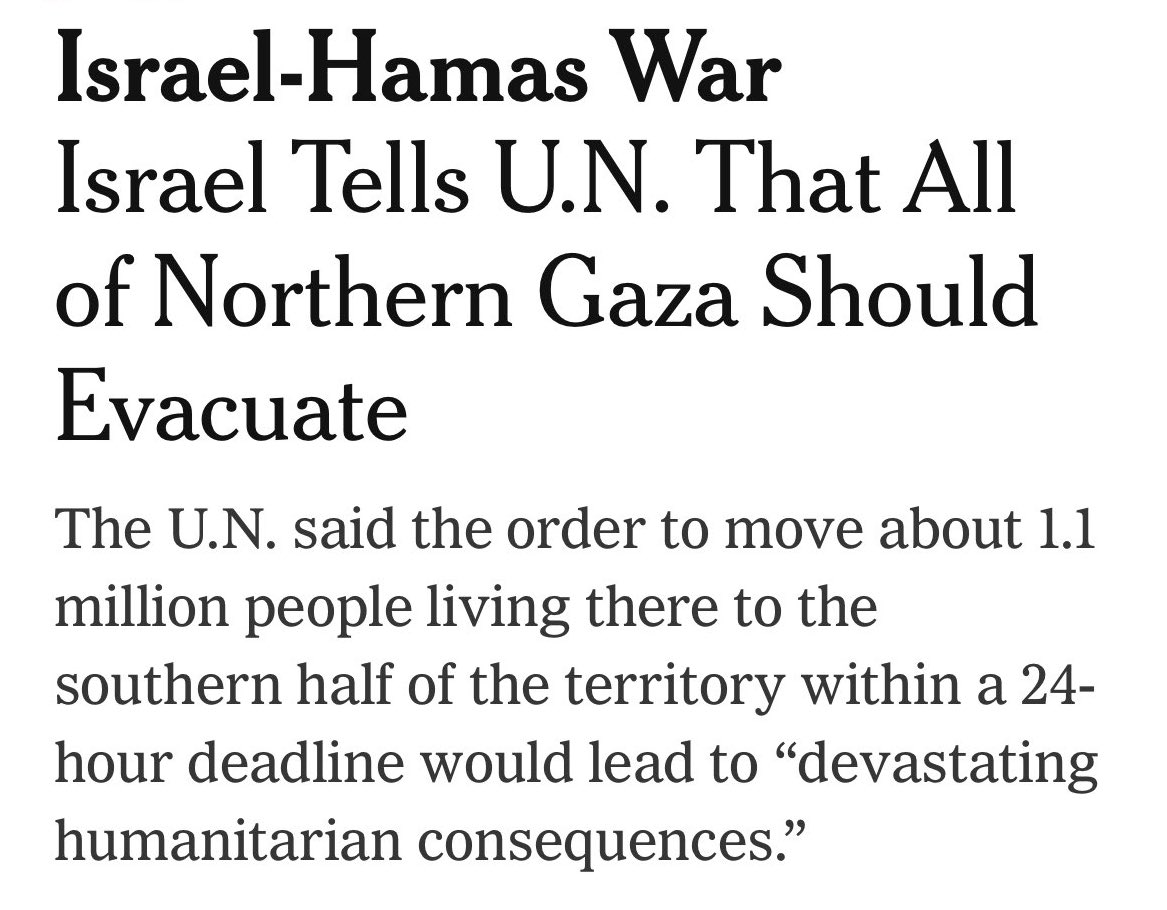 Ordering 1.1 million Palestinians to relocate is ethnic cleansing. This is a genocide in the making. nytimes.com/live/2023/10/1…