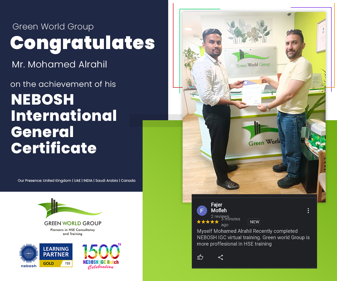 Green World Group congratulates Mr. Mohamed Alrahil on his successful achievement of the #NEBOSHIGC Qualification. We extend our best wishes for his future endeavors!
For further details on NEBOSH IGC training:
greenwgroup.ae/training-cours…
#learnersfeedback #learnersreview #feedback