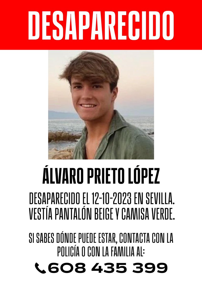 ‼️Seguimos buscando a Álvaro Prieto, jugador del #JuvenilACCF 🔽 

🚨Desaparecido el jueves 12 de octubre en Sevilla. 

🙏🏻Por favor, máxima difusión.

👉🏻Se ruega se contacte con la policía o con la familia en el 608435399.