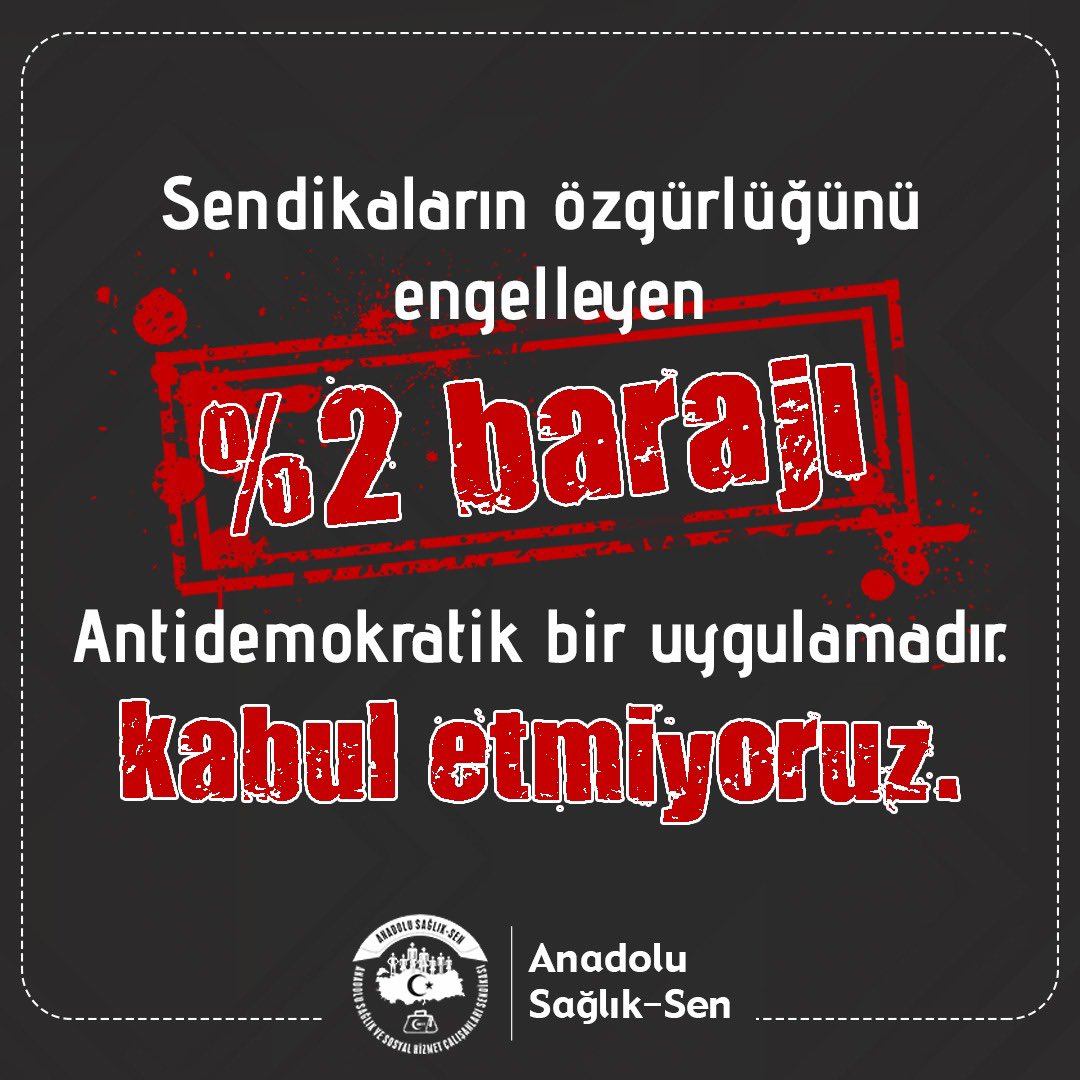 KABUL ETMİYORUZ..
↘️Sendikaların yasal faaliyetlerini ve çalışanların özgür iradeleriyle sendikalarını seçmesini engelleyen, siyasi sendikacılığın önünü açan %2 barajı bir an önce iptal edilmelidir.

↘️Danıştay’ın iptal ettiği %1’lik barajın ardından Kanun yoluyla getirilen %2