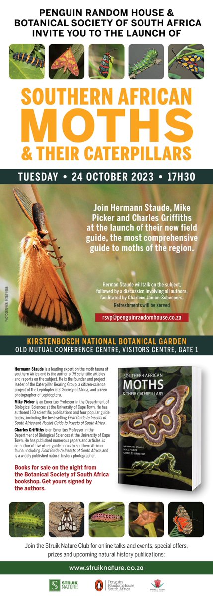 Book launch of 'Southern African Moths & their Caterpillars'. 24 October, 17:30, Kirstenbosch National Botanical Gardens. RSVP needed, details below. #insects #southafrica #entomology