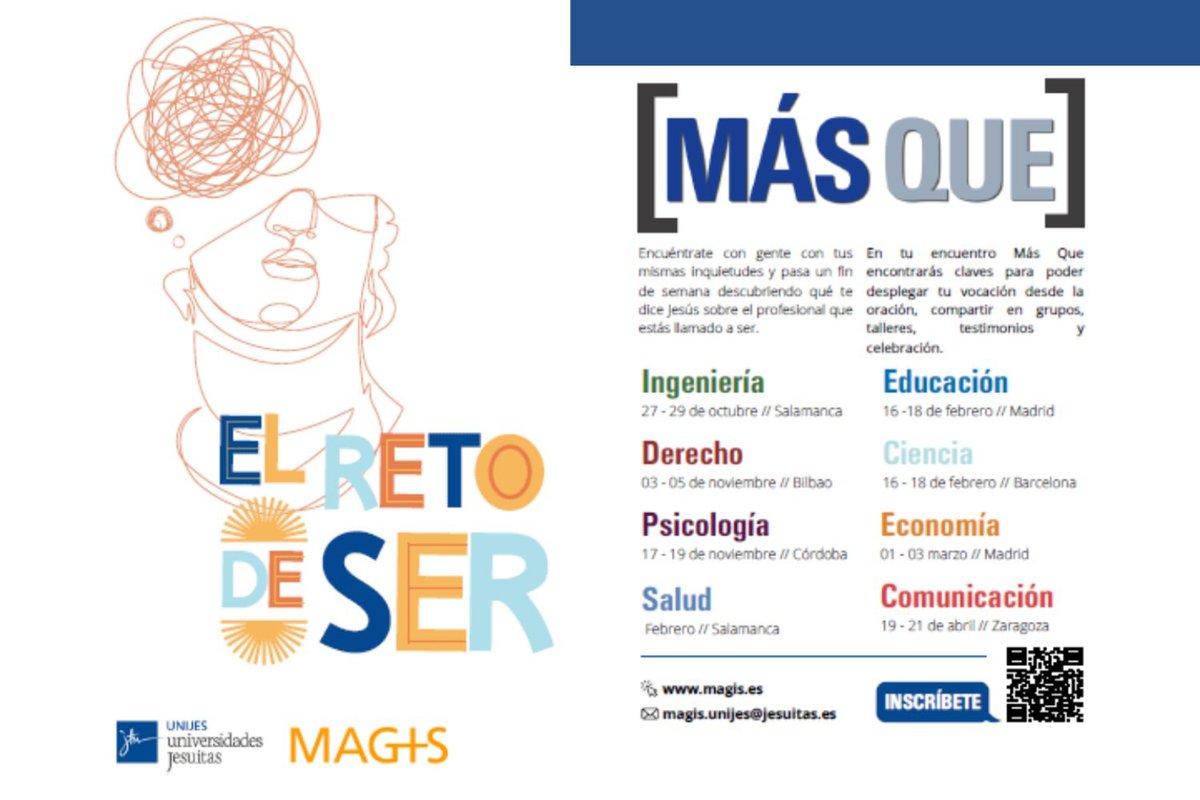 cvx_e's tweet photo. Animamos a conocer, participar y difundir los encuentros 𝗠𝗮́𝘀 𝗤 para jóvenes estudiantes y/o profesionales que integran en su fe cristiana las inquietudes profesionales. Iniciativa de @magis_es 
Saber más: https://t.co/NBsCnbSooF
#espiritualidadignaciana #jovenes https://t.co/VkCnoAIdUg