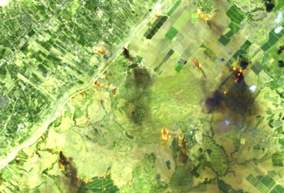 _dhidalgo's tweet photo. Imágenes #Sentinel2 del 11 de octubre de 2023 de la frontera entre #Gaza e #Israel. En el RGB (4-3-2) a color verdadero solo se aprecia humo pero si tomamos la banda SWIR (12-11-4) eliminamos este y apreciamos los incendios por #explosiones #IsraelPalestineConflict  #StopTheWar https://t.co/OEkRIR90rm