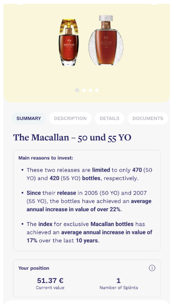 Parrain_Invest's tweet photo. 🎯 Objectif 2 % du patrimoine en investissement " exotique " (montre, whisky, vins...)
J'ai donc pris pour 50€ du whisky Macallan.
Il y a un indice spécial pour ces bouteilles ! Je vous ai mis ça en base 100 ! https://t.co/Is068nC7pI