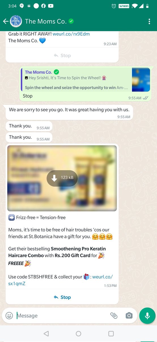 srishtib12's tweet photo. @themomsco something has been up with your WhatsApp automation. No matter how many times I say stop, it doesn't. Quite inconvenient tbh! https://t.co/jKrByl7JAe