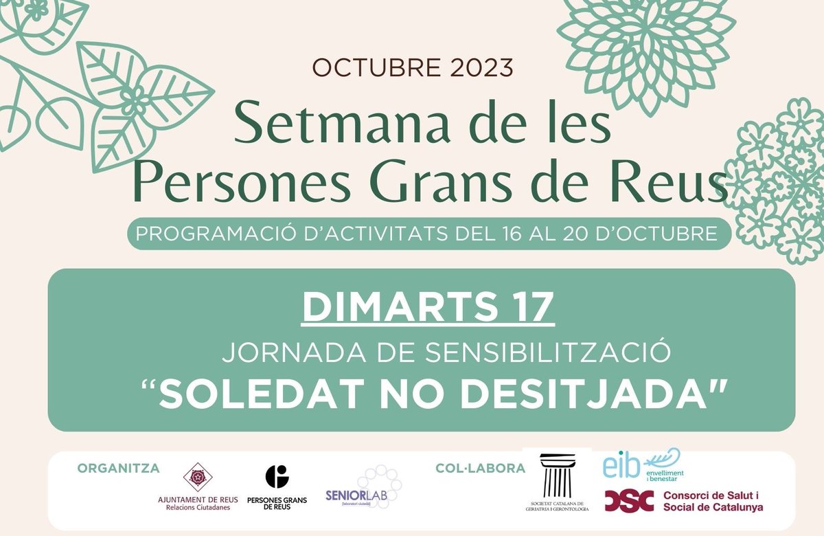 SeniorLab's tweet photo. 📣‼️ Inscripcions obertes per la Jornada de sensibilització 'Soledat no desitjada' a #Reus!

📆Dimarts 17 d'octubre
⏰De 16 a 20h
📍Centre cívic del Carme
📝Inscripcions: https://t.co/dpg7a7Bz4c
☎️ 662 33 43 23

#Salut #EnvellimentActiu #SeniorLabReus https://t.co/kGDNhba3Th