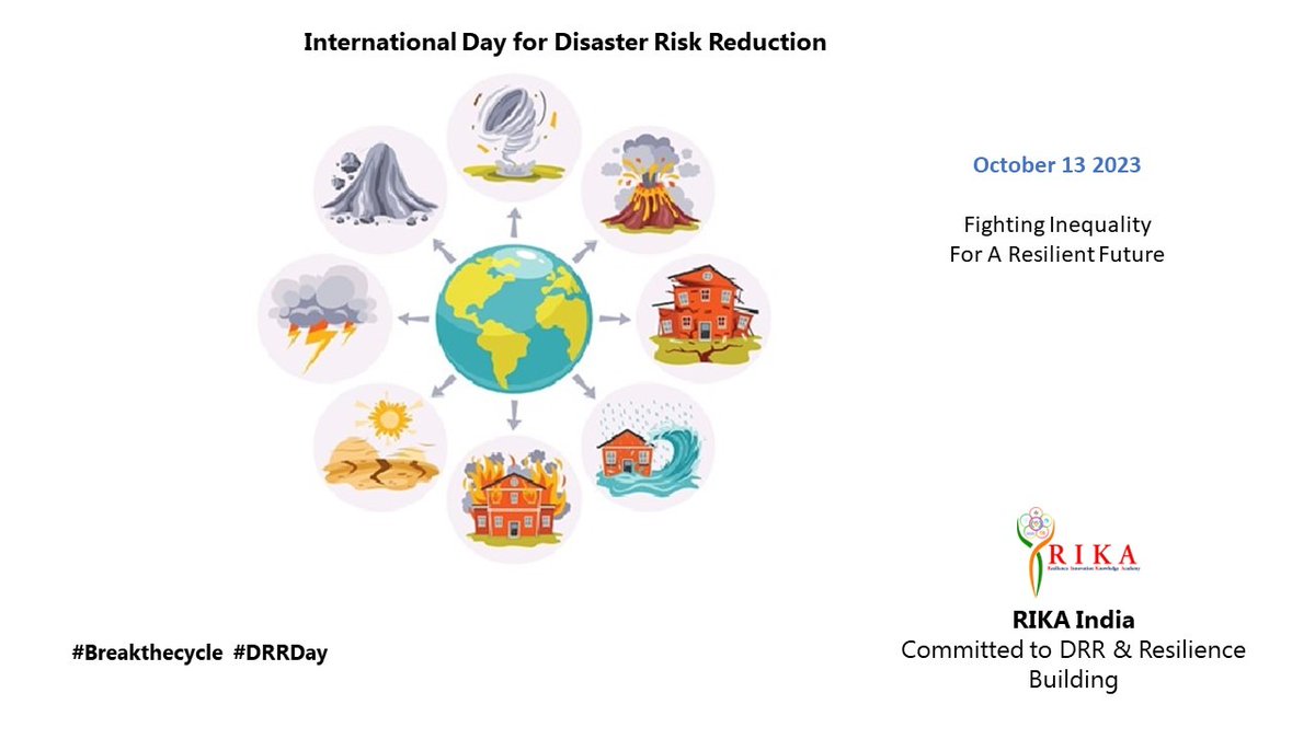 india_rika's tweet photo. On this International Day for Disaster Risk Reduction, Team RIKA strengthens its resolve to undertake dedicated efforts and actions towards enhancing the understanding of and fighting inequality, a critical underlying driver of disaster and climate risks.
#breakthecycle #drrday https://t.co/z9vEx5rrSh