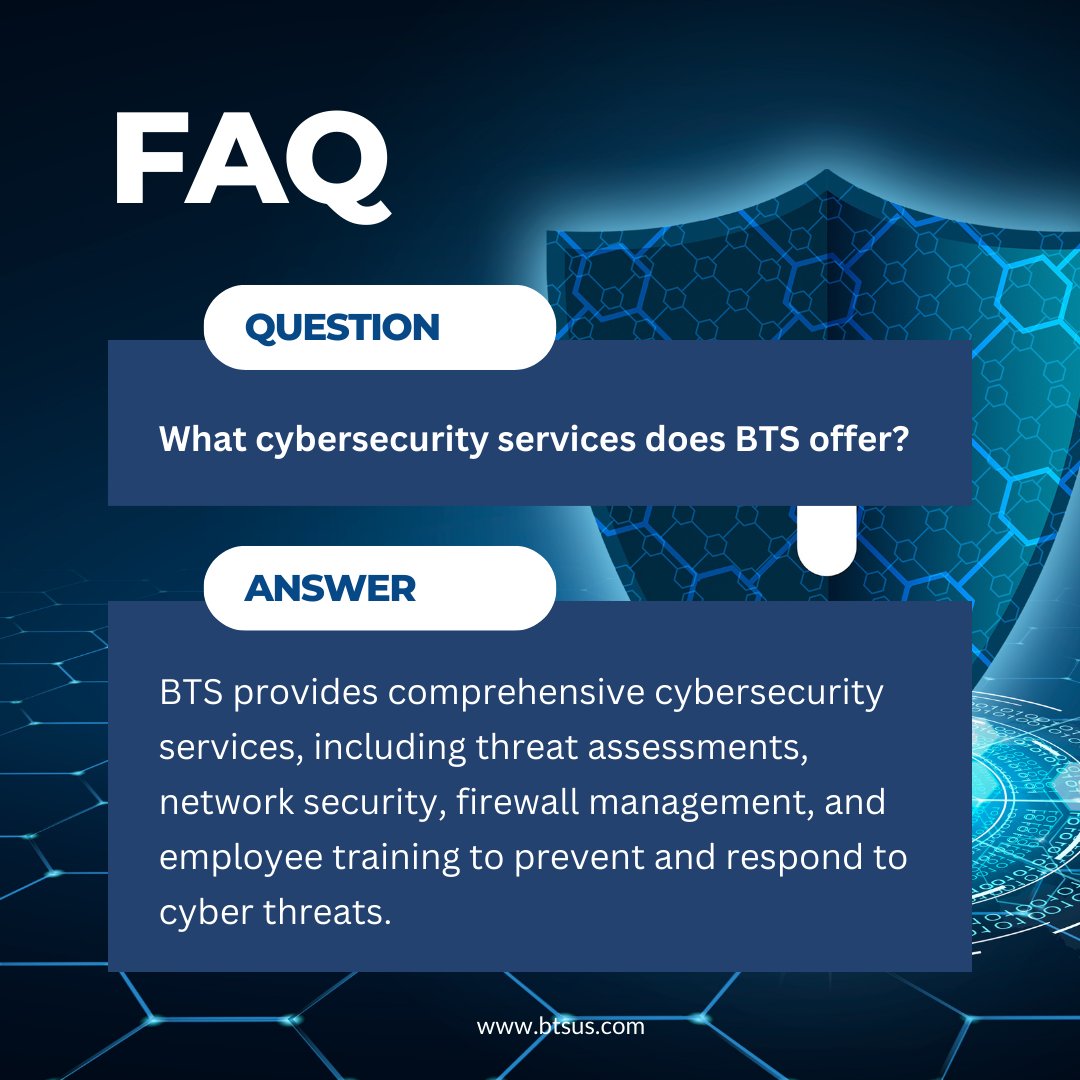 BTSTech's tweet photo. In our ongoing FAQ Series, we're shedding light on the vital realm of cybersecurity. Wondering how BTS can protect your business in the digital age? 🤔 Let us break it down for you!💡

#BTS #FAQ #Cybersecurity #TechProtection #DataSecurity #NetworkSecurity #FirewallManagement https://t.co/wtUkBJuo99