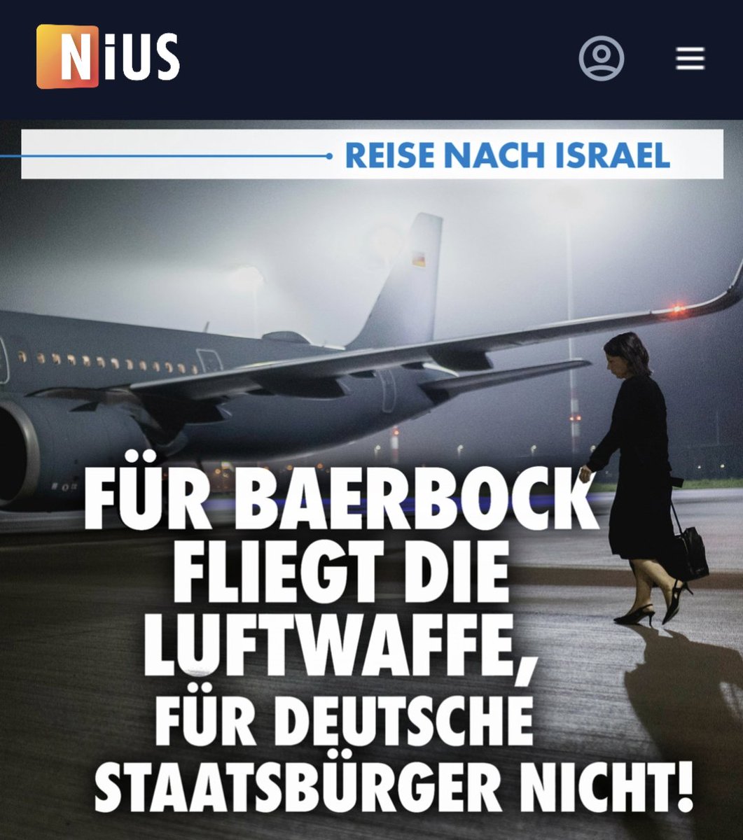 Wenn Deutsche aus Israel evakuiert werden müssen, ist es Annalena Baerbock zu mühsam, die Luftwaffe zu schicken. Wenn sie selbst nach Israel will, fliegt die Luftwaffe. nius.de/Ausland/reise-…