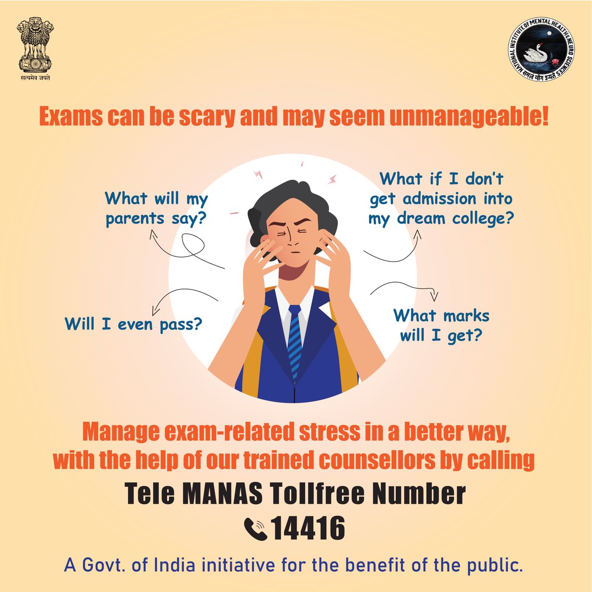 When the pressure of exams feels unbearable, remember, Tele Manas is here to share the load. Dial 14416 and our mental health representative will help you to deal exam related stress with ease.
#ExamStress #ExamSeason #StayCalm #StayFocused #StudyMotivation #PositiveMindset…