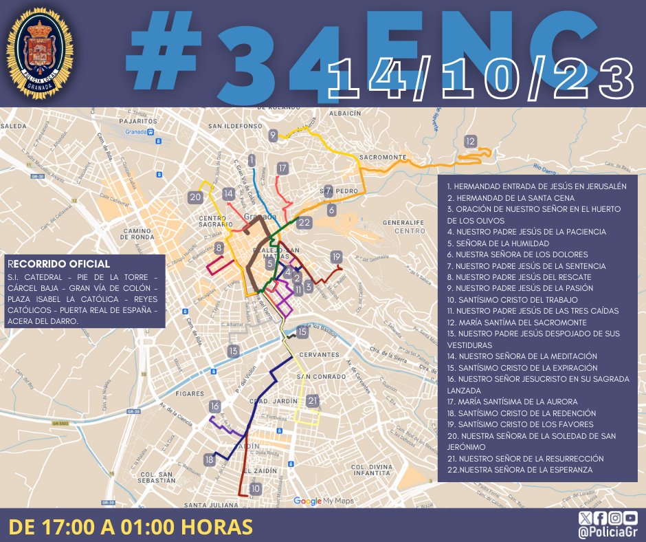 Este sábado, 14 de octubre, Granada acoge el XXXIV Encuentro Nacional de Cofradías <a href="/34ENC/">Encuentro Cofradías Granada</a> en el que, con salida desde la Catedral a las 17:00 horas, participarán 22 pasos que tras el recorrido oficial conjunto, regresarán a sus respectivos templos entre las 21:10 y las 1:00 horas