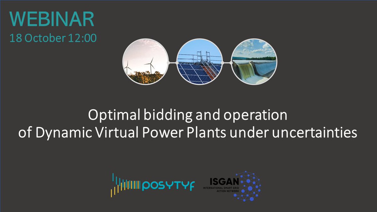 Our upcoming webinar will present POSYTYF results on the optimal bidding and operation of DVPPs considering different types of uncertainties.
Register here: 
iea-isgan.org/webinar-optima…