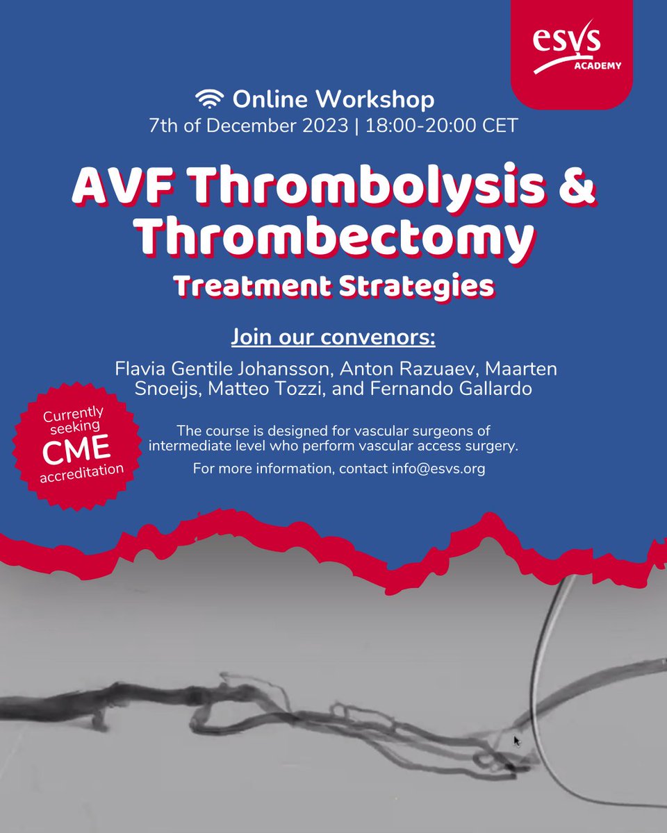 🌍World #Thrombosis Day Vascular access thrombosis is a very common vascular access complication. Untreated, it results in the fistula failure. Learn the treatment strategies for thrombolysis & thrombectomy with us. @drflaviag 🎟️Take the course online esvs.org/event/esvs-avf…