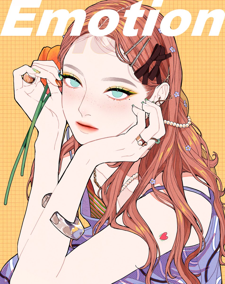 1girl solo jewelry flower long hair ring freckles  illustration images