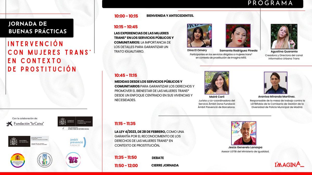 18 de octubre a las 10:00 Jornadas online de buenas prácticas en la intervención con mujeres trans* en contexto de prostitución con la colaboración de <a href="/FundlaCaixa/">Fundación ”la Caixa”</a> y <a href="/IgualdadGob/">Ministerio de Igualdad</a>  Inscripción en forms.office.com/e/kbH7dbgpXD