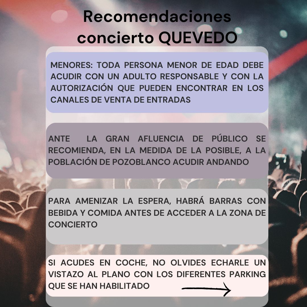 🎤 Esta noche tenemos una nueva cita con la música y con el espectáculo en Pozoblanco. ¡QUEVEDO en concierto!

✅ Os dejamos el plano de accesos y aparcamientos, así como la hora de apertura de puertas y algunas recomendaciones para que las tengamos en cuenta.

¡A disfrutarlo!