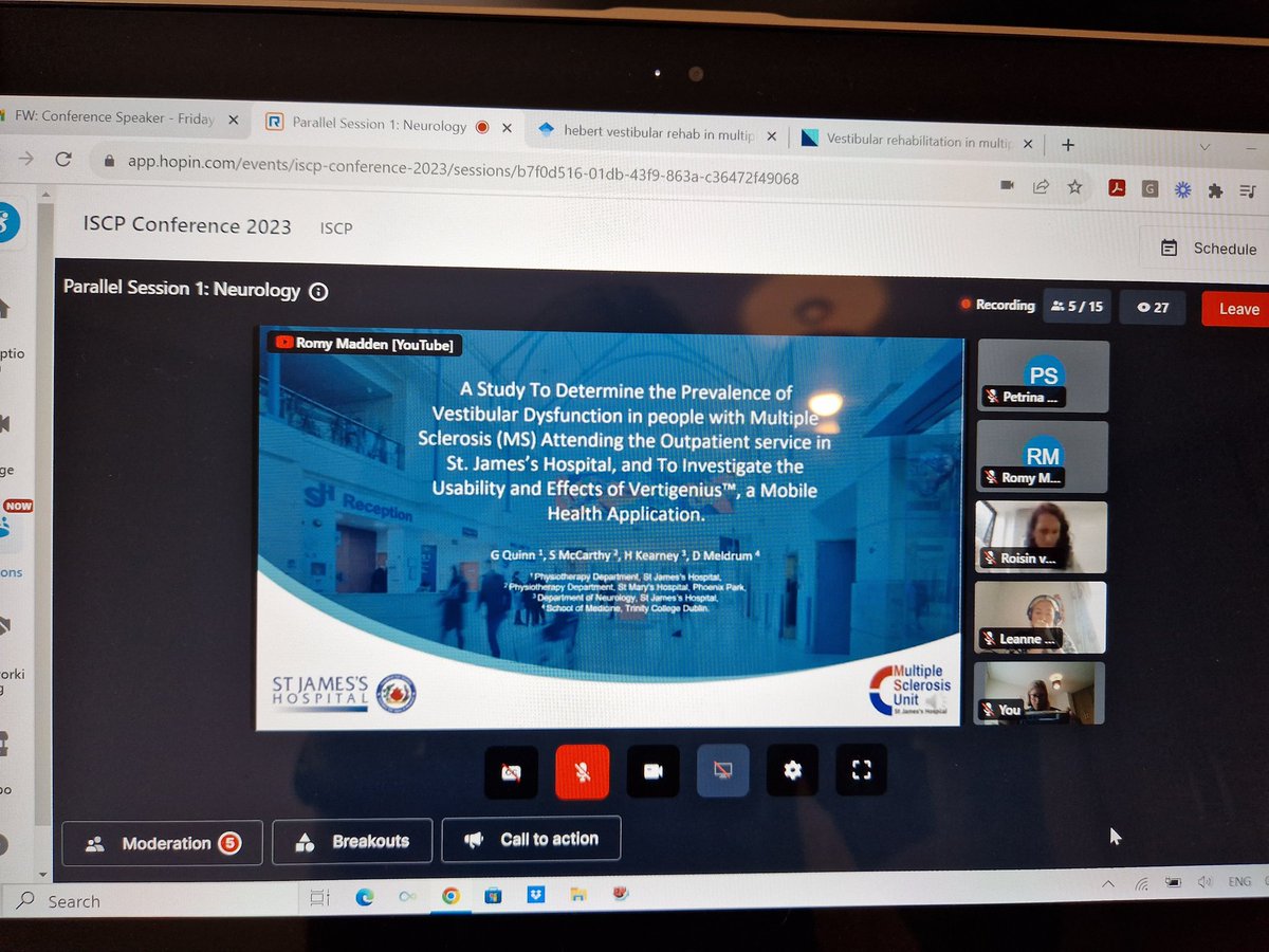 Delighted to present our research today on prevalence of vestibular dysfunction and use of @vertigenius for vestibular rehab in people with MS #ISCPConf23 @stjamesdublin @CelbridgeGal @hugh_kearney @DaraMeldrum @niamhphysio