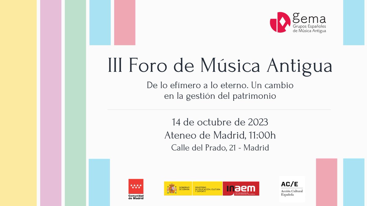 GEMAsociacion (@gemasociacion) on Twitter photo Mañana, sábado 14 de octubre, celebraremos el III Foro de Música Antigua en el <a href="/ateneodemadrid/">Ateneo de Madrid</a>.
Podéis seguirnos en #streaming a través del siguiente enlace youtube.com/live/OU1u2Ca0C… o confirmando asistencia en info@asociaciongema.com Mañana, sábado 14 de octubre, celebraremos el III Foro de Música Antigua en el <a href="/ateneodemadrid/">Ateneo de Madrid</a>.
Podéis seguirnos en #streaming a través del siguiente enlace youtube.com/live/OU1u2Ca0C… o confirmando asistencia en info@asociaciongema.com