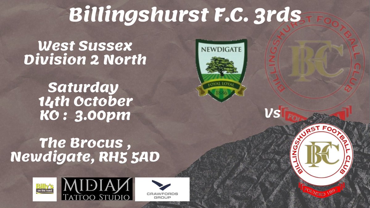 And its a third away game for <a href="/billingshurstfc/">Billingshurst FC</a> as the 3rds leave the county for their next league game vs <a href="/NewdigateFCTV/">Newdigate Football Club</a>