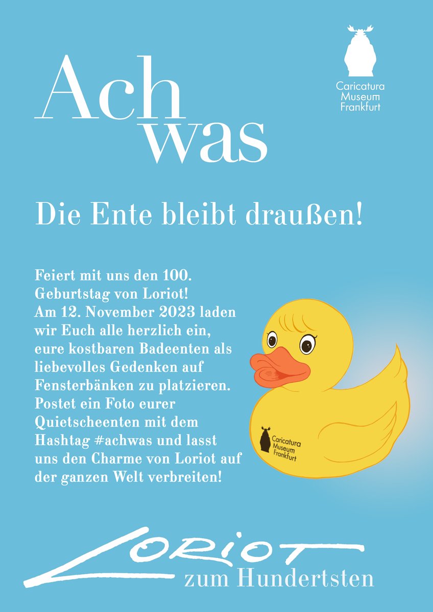 Feiert mit uns den 100. Geburtstag von Loriot! 🥂
 Am 12. Nov 2023 📅 laden wir Euch herzlich ein, eure kostbaren Badeenten auf Fensterbänken zu platzieren. Postet ein Foto eurer Enten mit dem Hashtag #achwas und lasst uns den Charme von Loriot auf der ganzen Welt verbreiten! 🎉