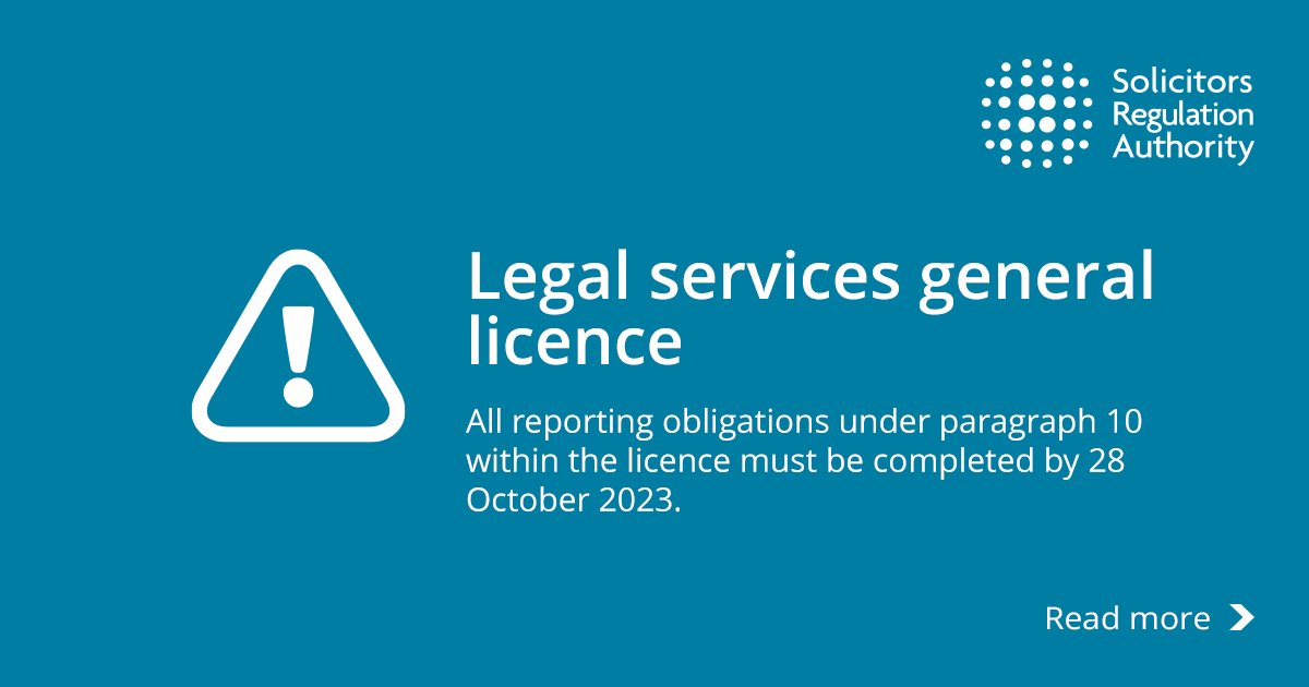 Does your firm rely on the Legal Services General Licence for sanctions compliance in relation to Russia and Belarus? This expires on 28 October 2023. All reporting obligations must be completed by that date. Find out more in our compliance update 👇 
bit.ly/46roJ6f