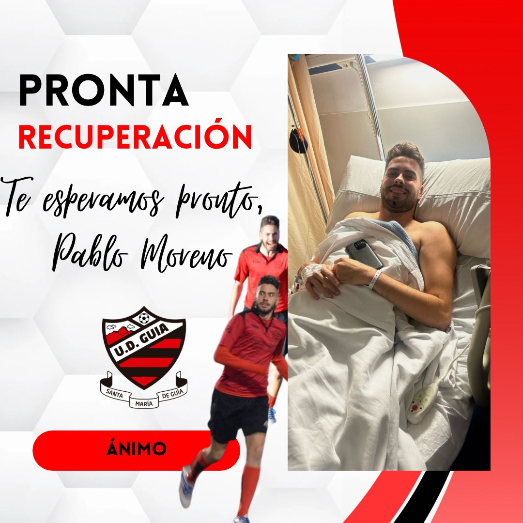 udguia's tweet photo. Desde la U.D. Guía queremos desear una pronta recuperación a nuestro jugador del Regional Preferente Pablo Moreno, que ha sido intervenido del ligamento cruzado anterior y raíces del menisco.  

¡Te esperamos pronto en el verde! Estamos contigo❤️ https://t.co/q6iHfpdcQJ