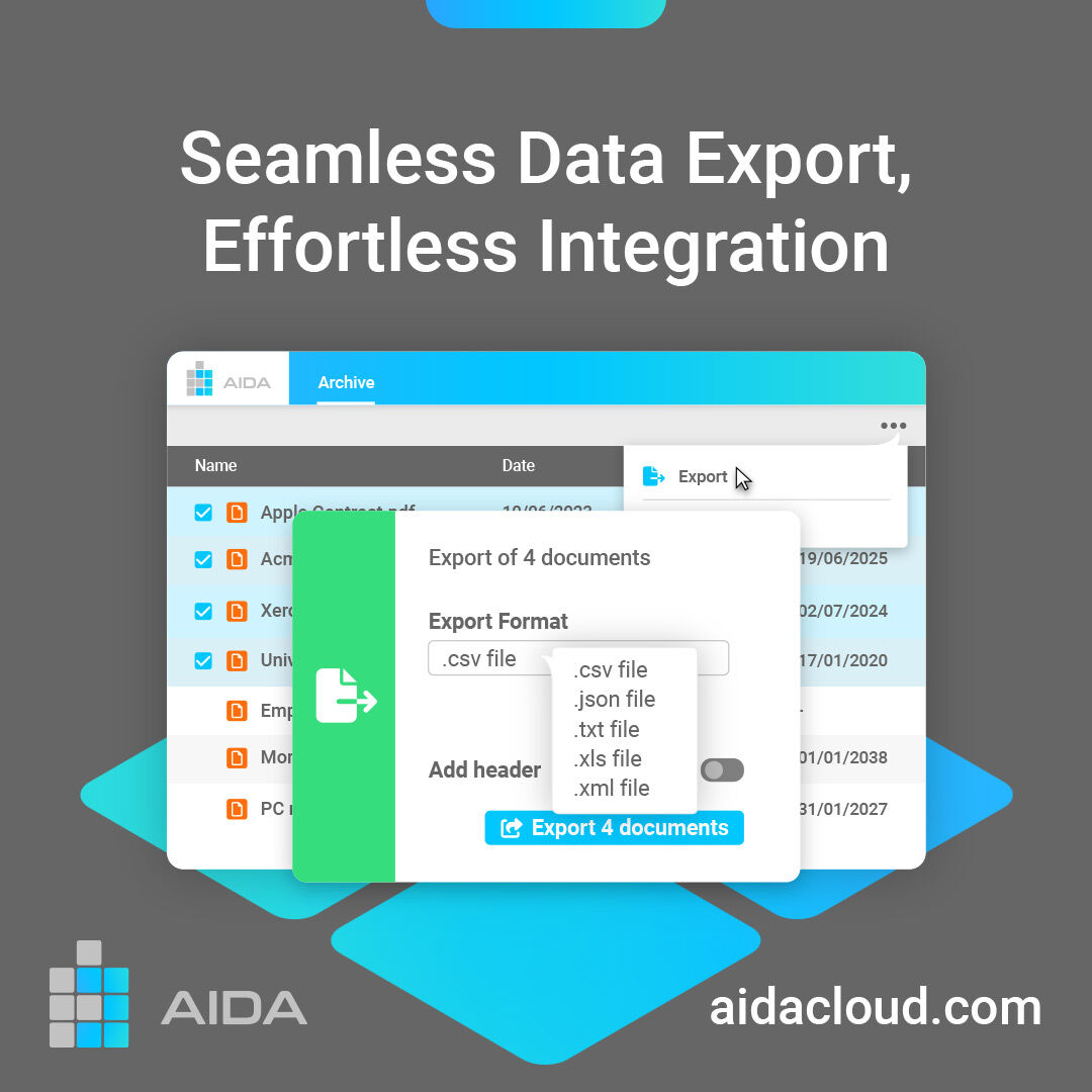 AIDA - Artificial Intelligence Document Automation (@aidacloud_ai) on Twitter photo π Export data in multiple formats like XLS, JSON, XML, and CSV with AIDA. Seamless integration & advanced analytics just got easier! π
π Free forever plan!
π aidacloud.com
#AIDA #ArtificialIntelligence #DocumentManagement #BusinessSolutions #SmartOffice #Analytics π Export data in multiple formats like XLS, JSON, XML, and CSV with AIDA. Seamless integration & advanced analytics just got easier! π
π Free forever plan!
π aidacloud.com
#AIDA #ArtificialIntelligence #DocumentManagement #BusinessSolutions #SmartOffice #Analytics