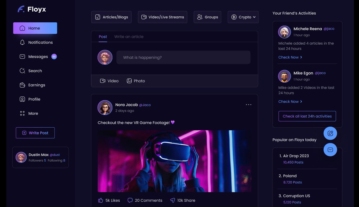 floyxcom's tweet photo. 🧐 Beside update, we are working on a new look for Floyx. 

The change will cover the #website and then the mobile #apps, preparing the product for the next big updates in terms of functionality. 

✅ Dark Mode:
✅ Light Mode:
#Web3SocialMedia #SocialFi #Blockchain #Floyx